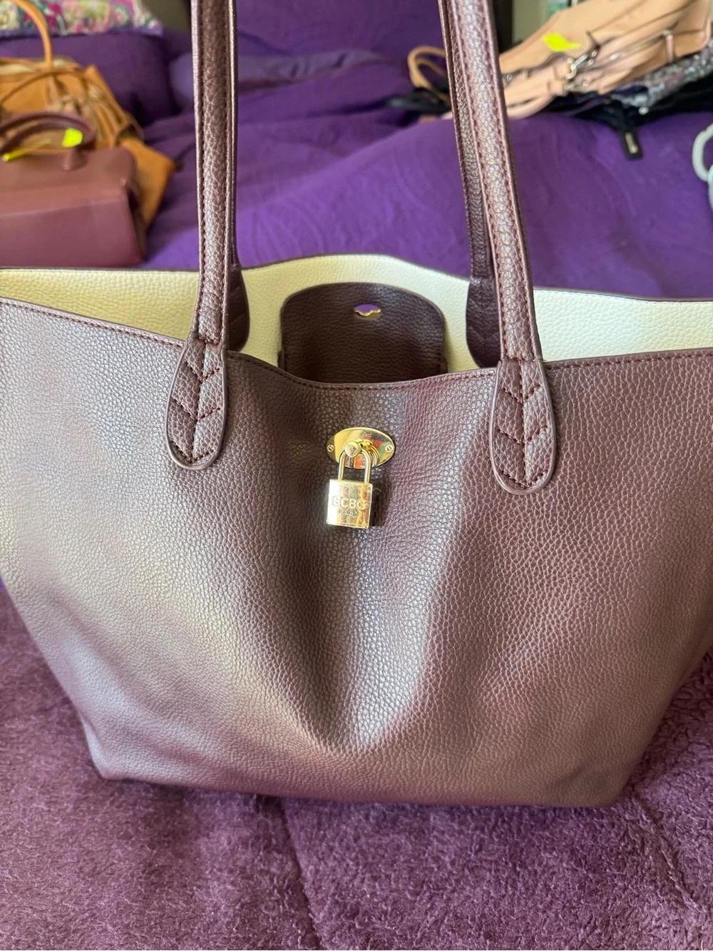 BCBG dark purple Leather Tote Bag with Gold Hardware